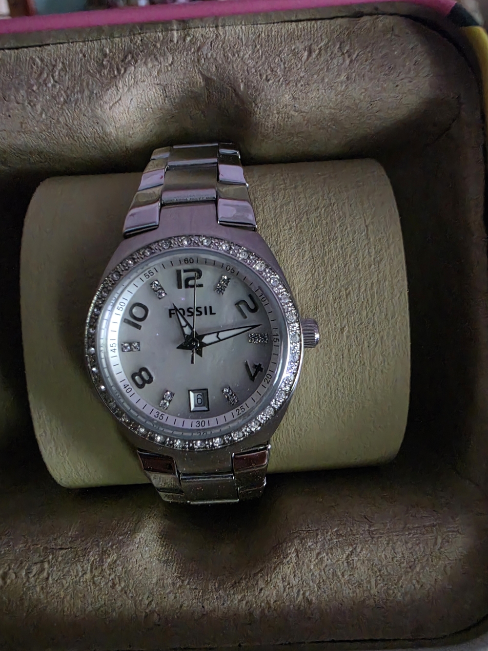New Fossil Womens Silver Crystal-Accent Stainless Steel Watch - Silver